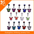 Stainless steel wholesale plated black and steel gemmed mickey belly navel ring body piercing jewelry